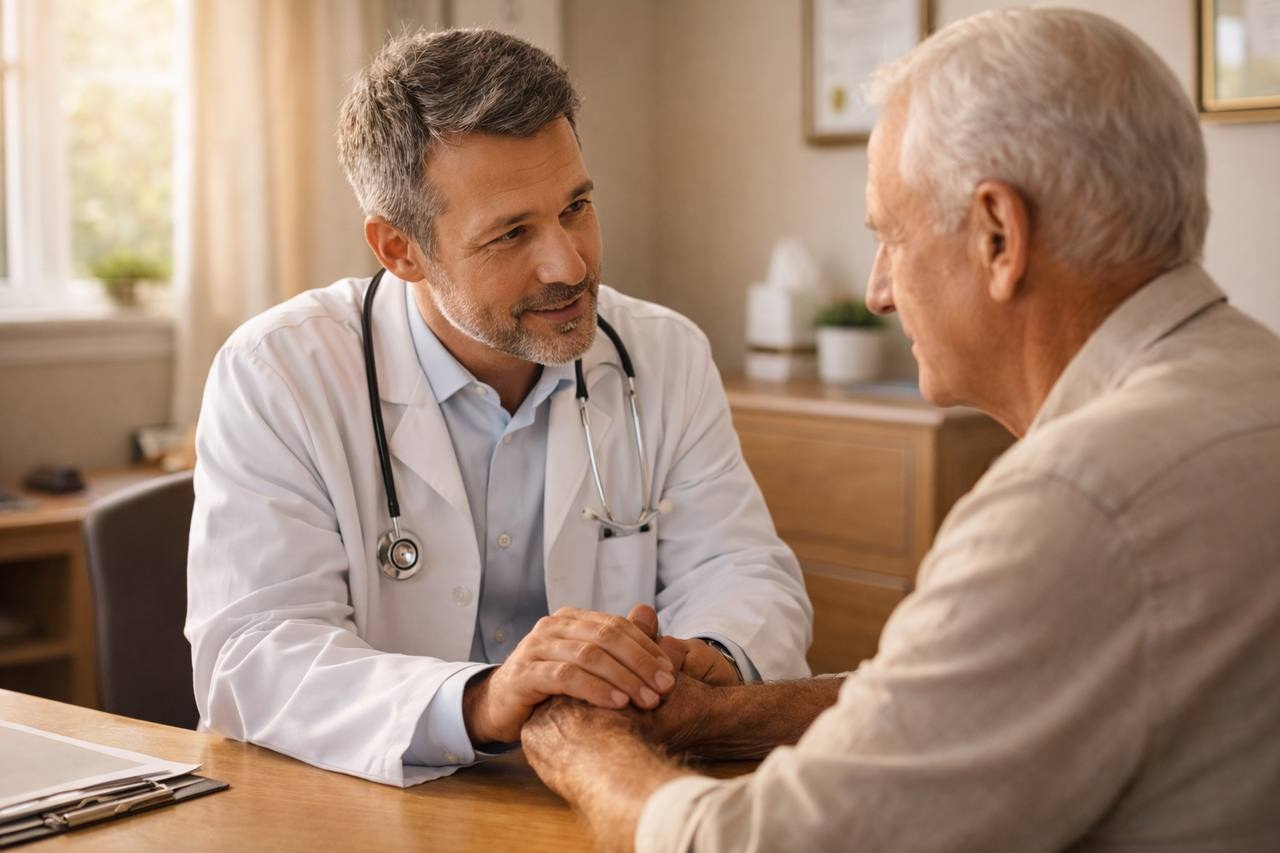 Doctor providing compassionate care to senior patient