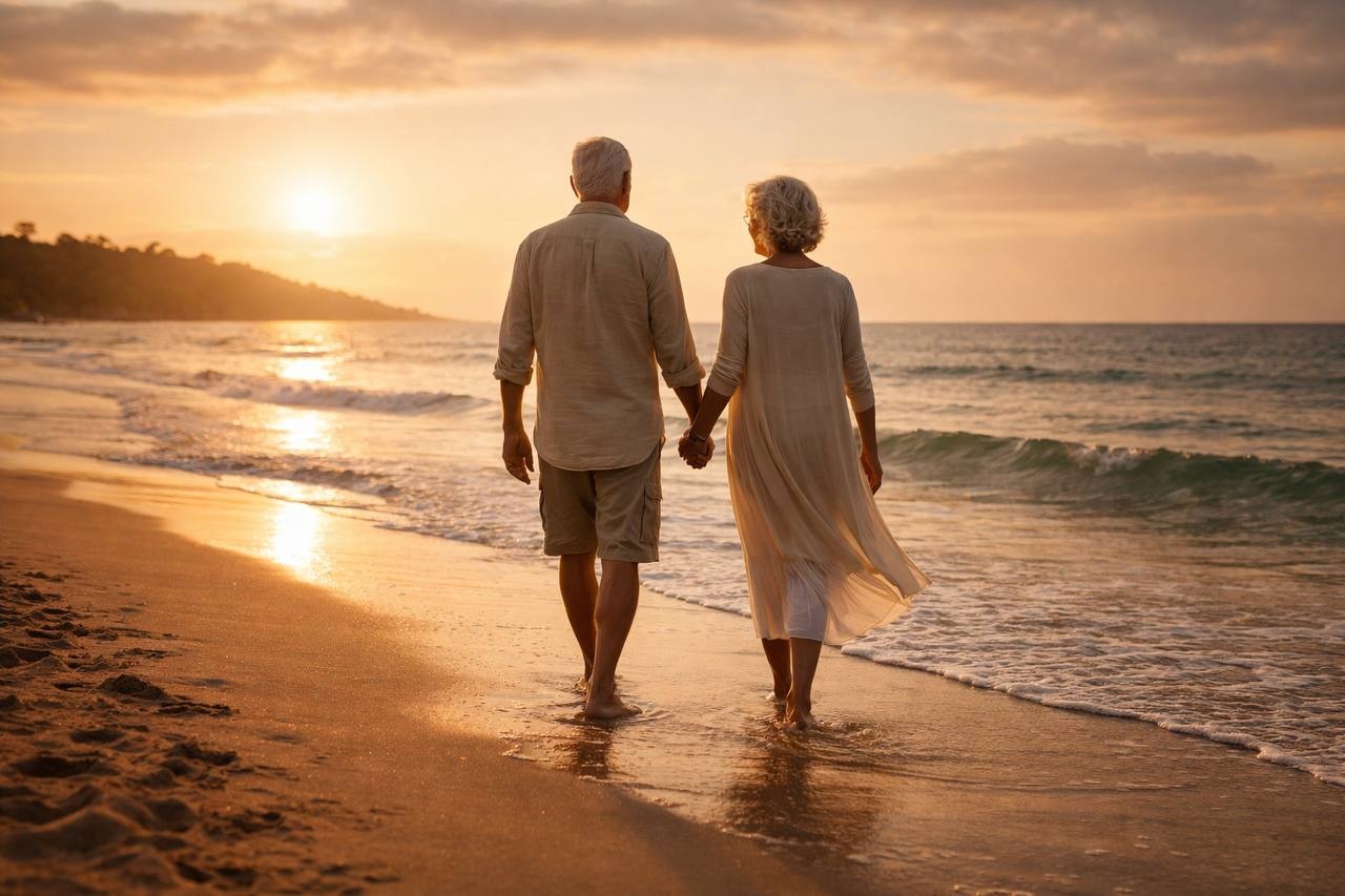 Family walking together on the beach at sunset